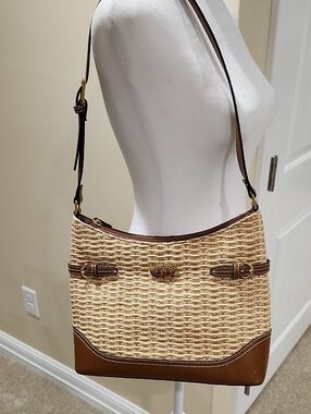 Etienne Aigner Straw and Brown Leather Shoulder Bag